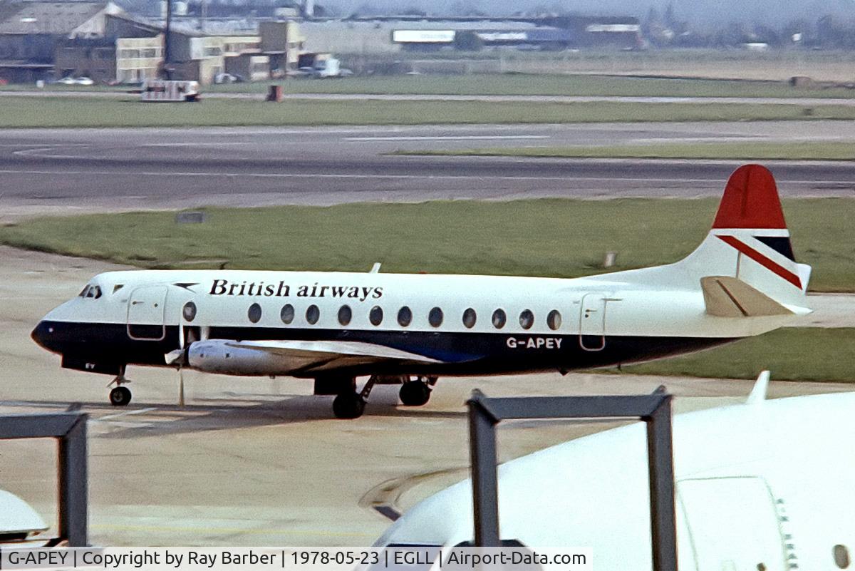 G-APEY, 1958 Vickers Viscount 806 C/N 382, Vickers Viscount 806 [382] (British Airways) Heathrow~G 23/05/1978. From a slide.