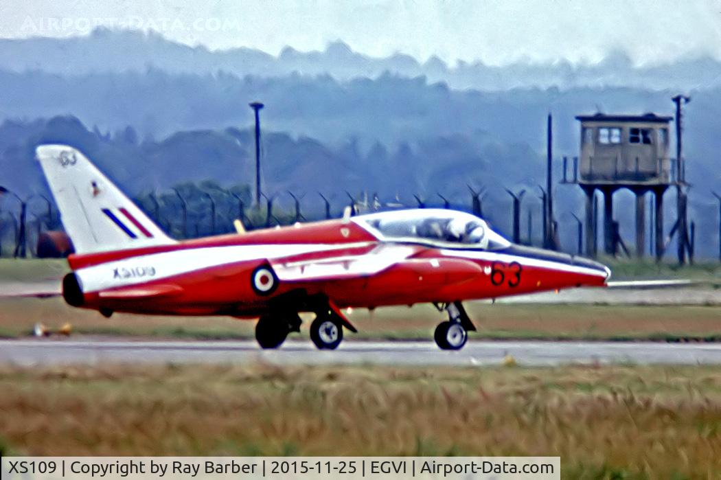 XS109, 1964 Hawker Siddeley Gnat T.1 C/N FL603, Folland Gnat T.1 [FL.603] (Royal Air Force) RAF Greenham Common~G 07/07/1974. From a slide (Red Arrows).