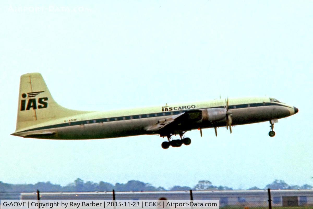 G-AOVF, 1958 Bristol 175 Britannia 312F C/N 13237, Bristol Britannia 312F [13237] (IAS International Cargo Airlines) Gatwick~G  @ 1978. From a slide.