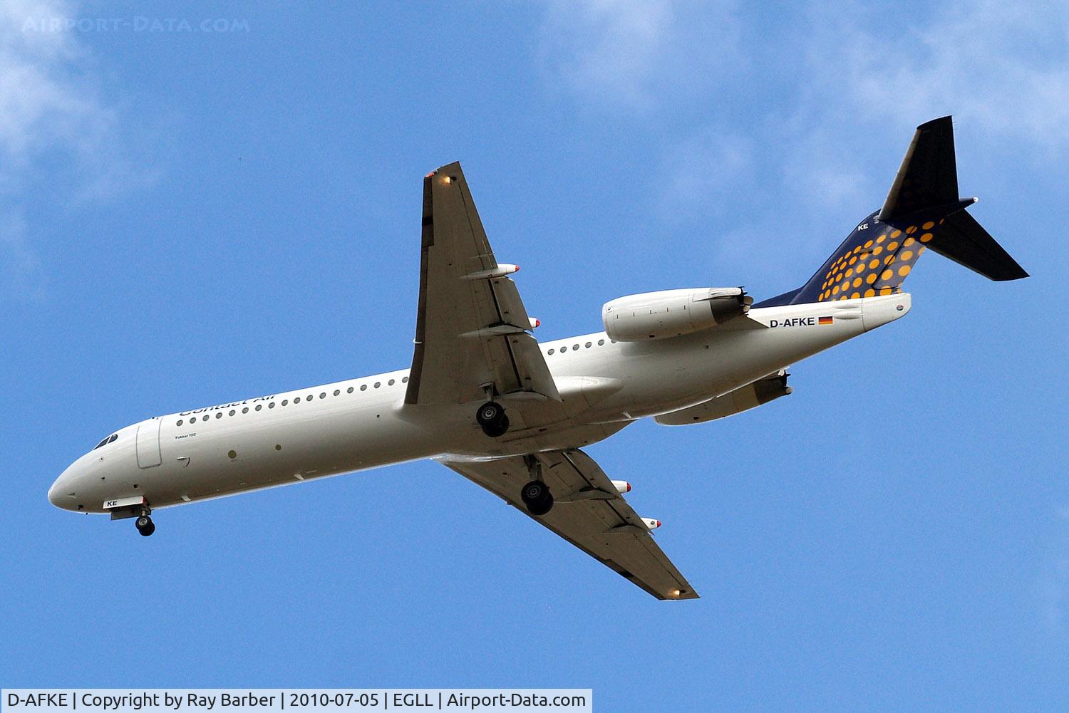 D-AFKE, 1995 Fokker 100 (F-28-0100) C/N 11505, Fokker F-100 [11505] (Lufthansa Regional/Contact Air) Home~G 05/07/2010. On approach 27R.