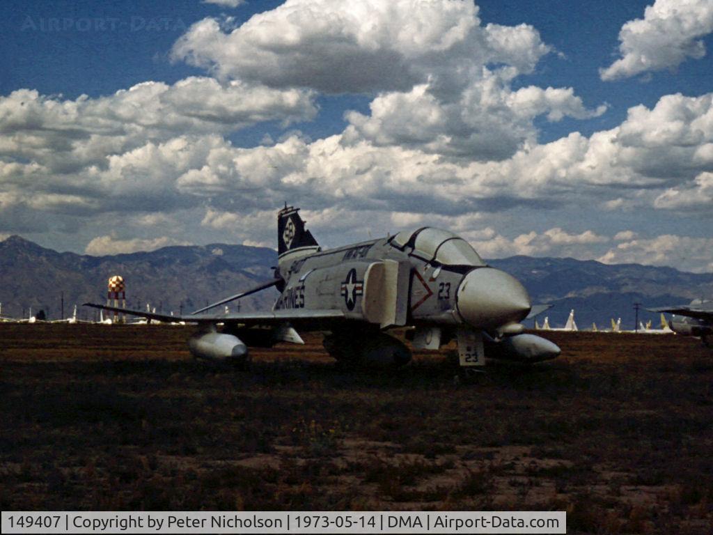 149407, McDonnell F-4B Phantom II C/N 124, F-4B Phantom of VMFAT-101 in storage in May 1973 in what was then known as the Military Aircraft Storage and Disposition Centre (MASDC) at Davis-Monthan AFB, Arizona.