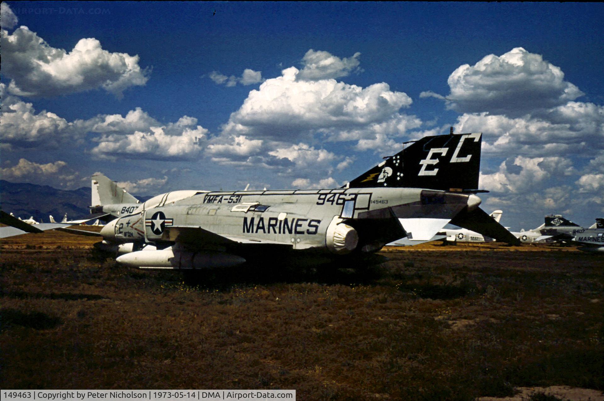 149463, McDonnell F-4B Phantom II C/N 180, F-4B Phantom of VMFA-531 in storage in May 1973 in what was then known as the Military Aircraft Storage and Disposition Centre (MASDC) at Davis-Monthan AFB, Arizona.