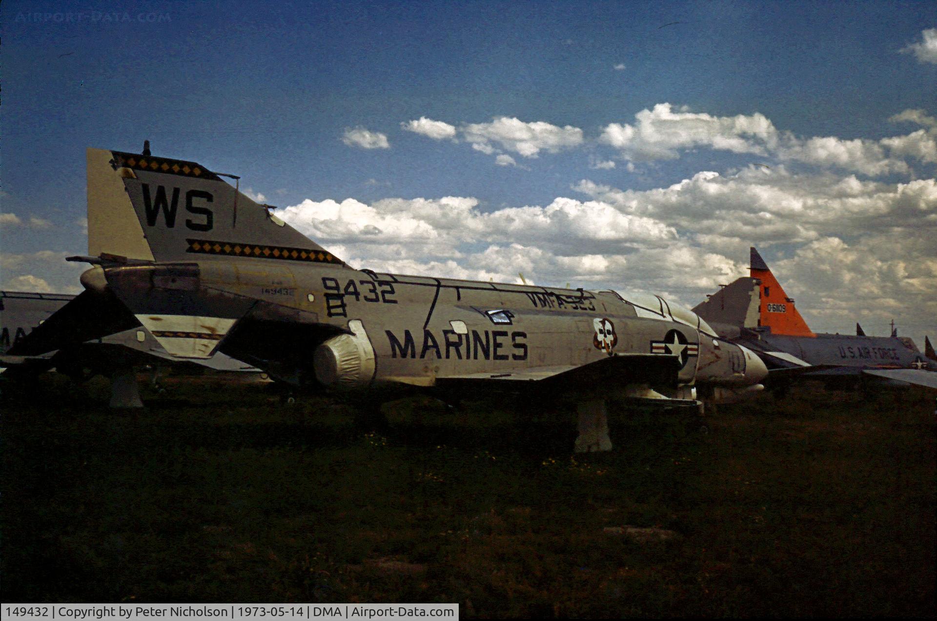 149432, McDonnell F-4B Phantom II C/N 149, F-4B Phantom of VMFA-323 in storage in May 1973 in what was then known as the Military Aircraft Storage and Disposition Centre (MASDC) at Davis-Monthan AFB, Arizona.