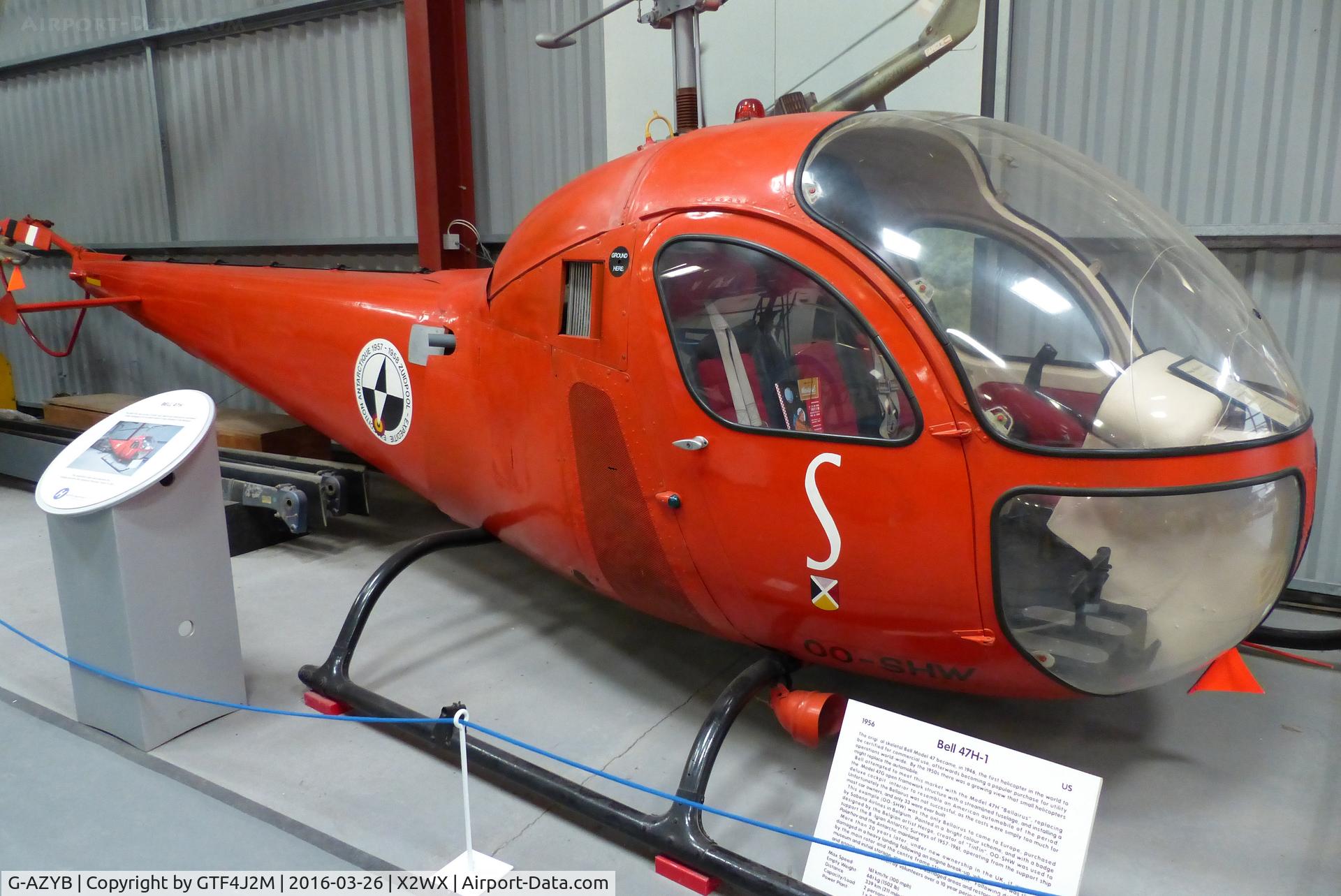 G-AZYB, 1956 Bell 47H-1 C/N 1538, G-AZYB  marked as OO-SHW  at The Helicopter Museum 26.3.16