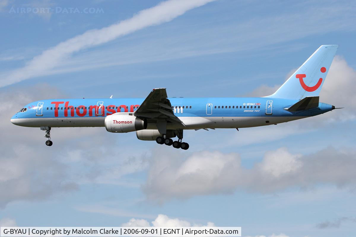 G-BYAU, 1994 Boeing 757-204 C/N 27220, Boeing 757-204. On approach to Rwy 25 at Newcastle Airport.