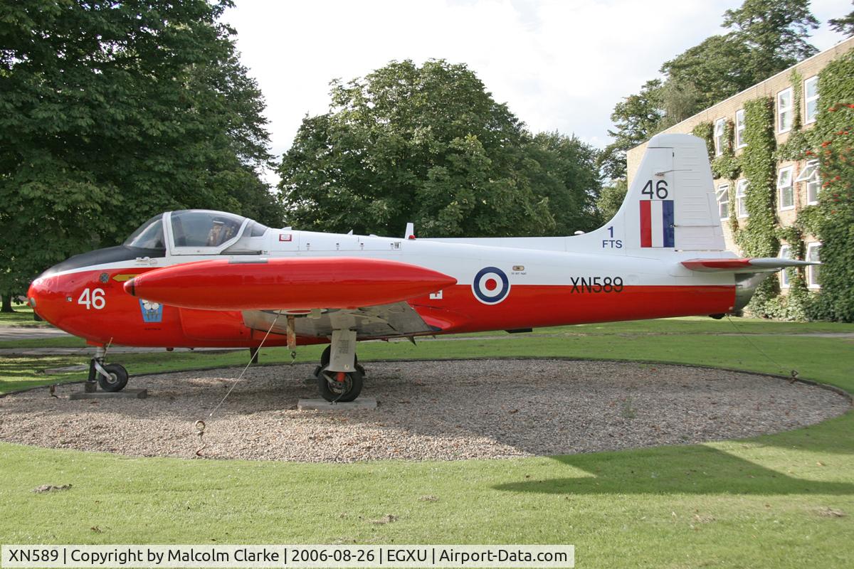 XN589, 1961 Hunting P-84 Jet Provost T.3A C/N PAC/W/12191, Hunting P-84 Jet Provost T.3A; the gate guardian at RAF Linton-on-Ouse, UK.