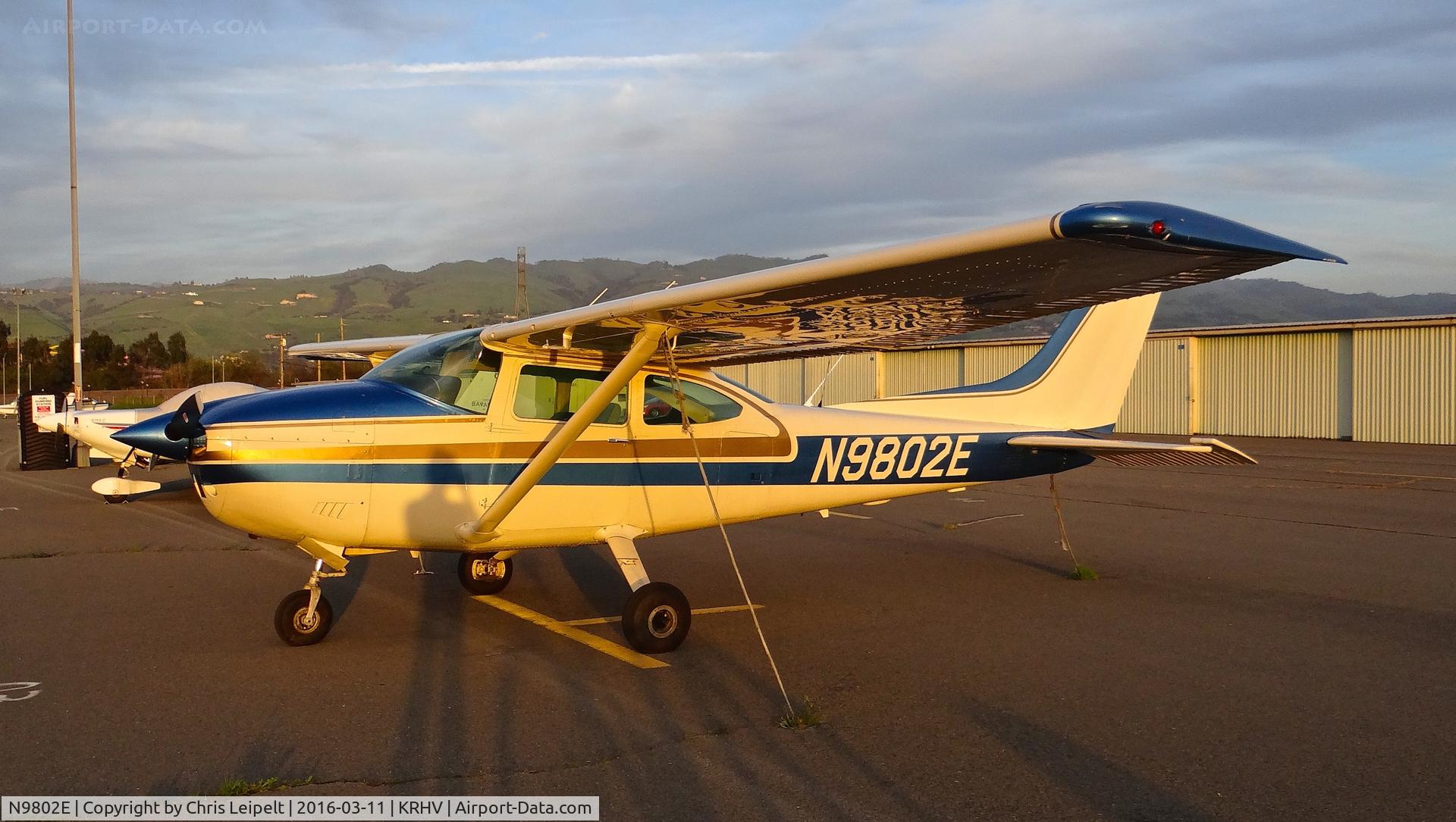 N9802E, 1975 Cessna 182P Skylane C/N 18263916, New locally-based 1975 Cessna 182P parked at the south tie downs at Reid Hillview Airport, San Jose, CA. This aircraft now has a shelter.