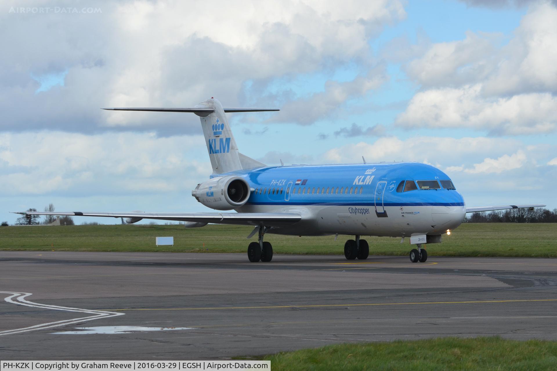 PH-KZK, 1997 Fokker 70 (F-28-0070) C/N 11581, Just landed at Norwich.