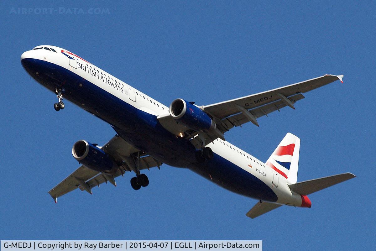 G-MEDJ, 2004 Airbus A321-231 C/N 2190, Airbus A321-231 [2190] (British Airways) Home~G 07/04/2015. On approach 27R Now with new white tail rudder.