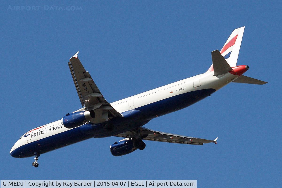 G-MEDJ, 2004 Airbus A321-231 C/N 2190, Airbus A321-231 [2190] (British Airways) Home~G 07/04/2015. On approach 27R Now with new white tail rudder.