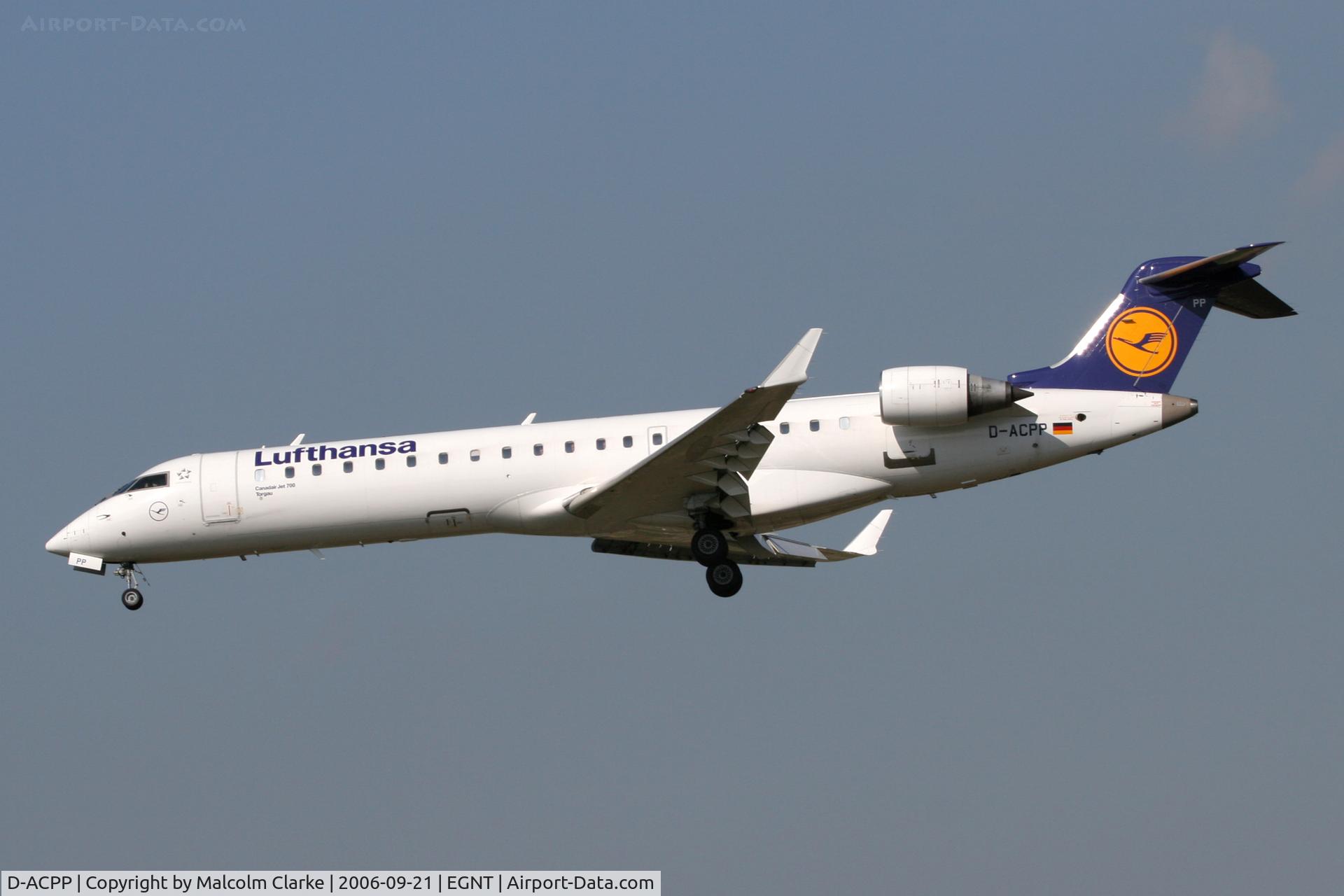 D-ACPP, 2003 Bombardier CRJ-701ER (CL-600-2C10) Regional Jet C/N 10086, Canadair CL-600-2C10 Regional Jet CRJ-701ER on approach to Newcastle Airport, September 2006.