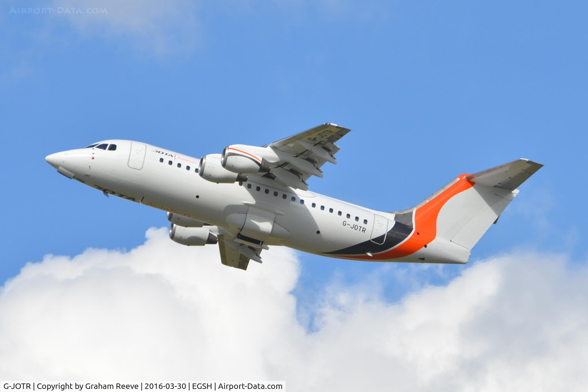 G-JOTR, 1996 British Aerospace Avro 146-RJ85 C/N E.2294, Departing from Norwich after a re-spray.