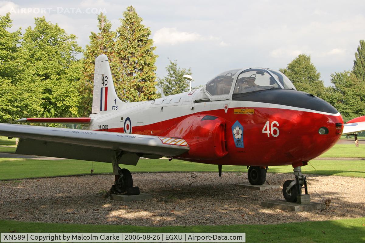 XN589, 1961 Hunting P-84 Jet Provost T.3A C/N PAC/W/12191, Hunting P-84 Jet Provost T3; the gate guardian at RAF Linton-on-Ouse, UK. August 2006.