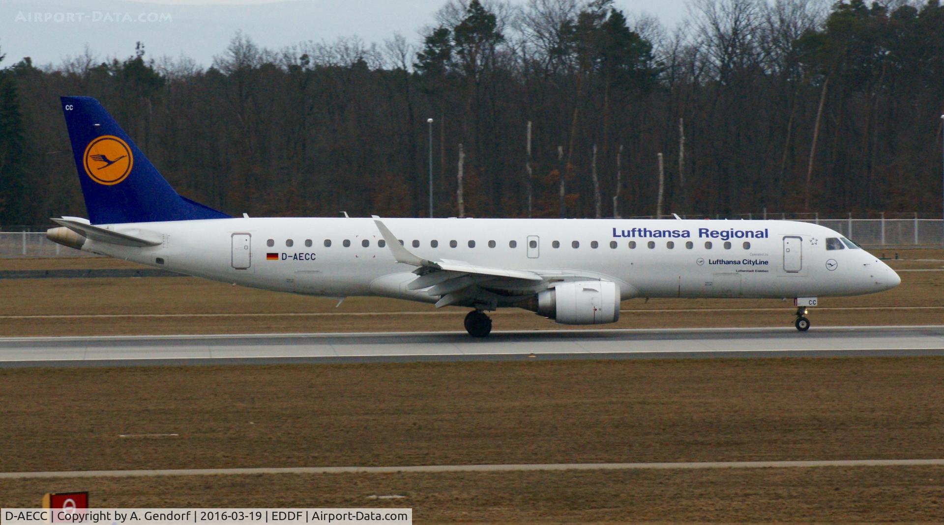 D-AECC, 2009 Embraer 190LR (ERJ-190-100LR) C/N 19000333, Lufthansa Regional (Cityline), is here shortly after landing RWY 25L at Frankfurt Rhein/Main(EDDF)