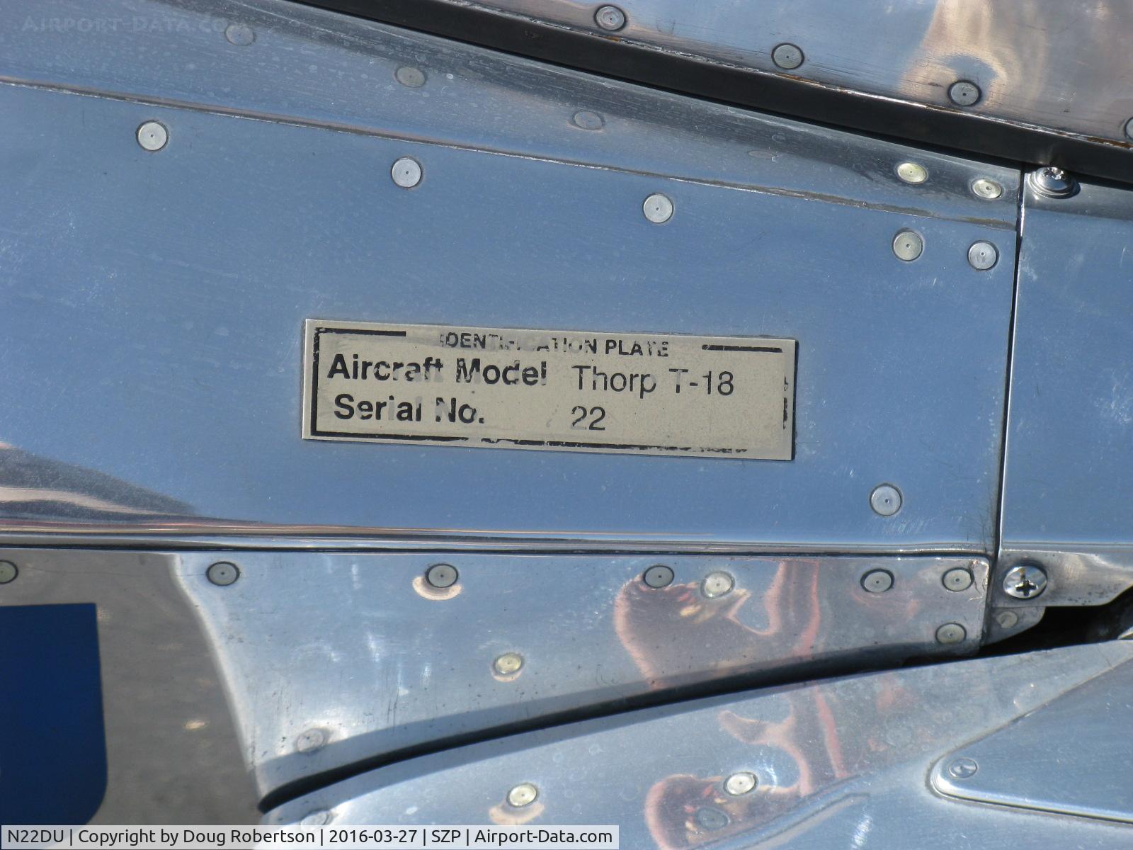 N22DU, 1977 Thorp T-18 Tiger C/N 22, 1977 Thorp T-18 TIGER, Lycoming O-290, Experimental class plans built all-metal, data plate