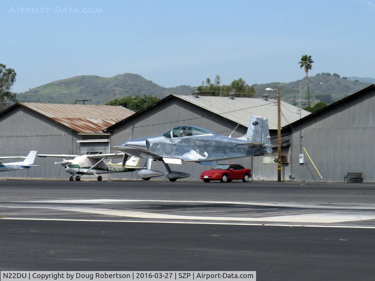 N22DU, 1977 Thorp T-18 Tiger C/N 22, 1977 Thorp T-18 TIGER, Lycoming O-290, a high-performance two-place plans-built experimental class classic, beautifully done-landing Rwy 22