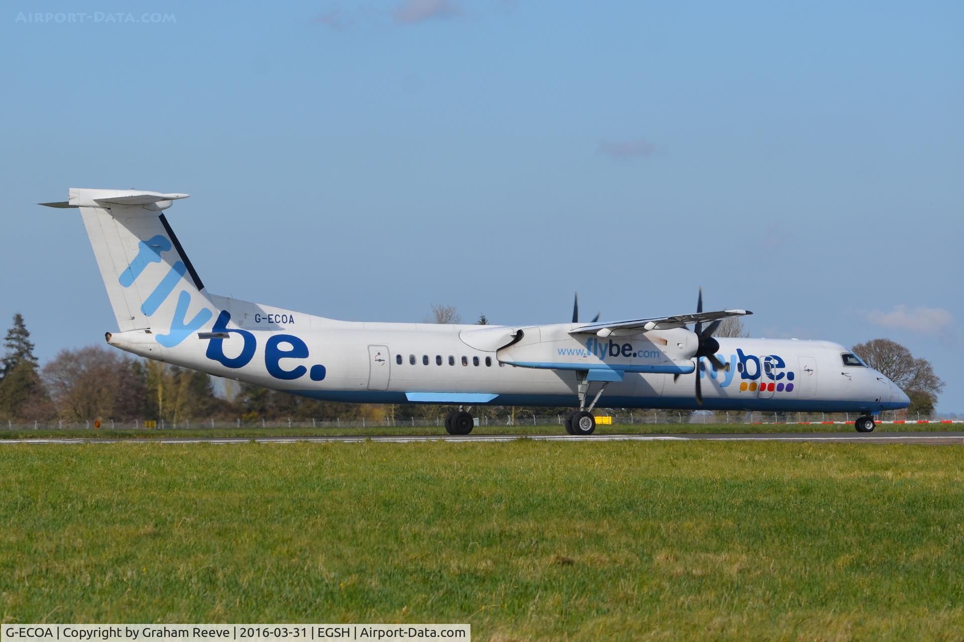G-ECOA, 2007 De Havilland Canada DHC-8-402Q Dash 8 C/N 4180, About to depart from Norwich.