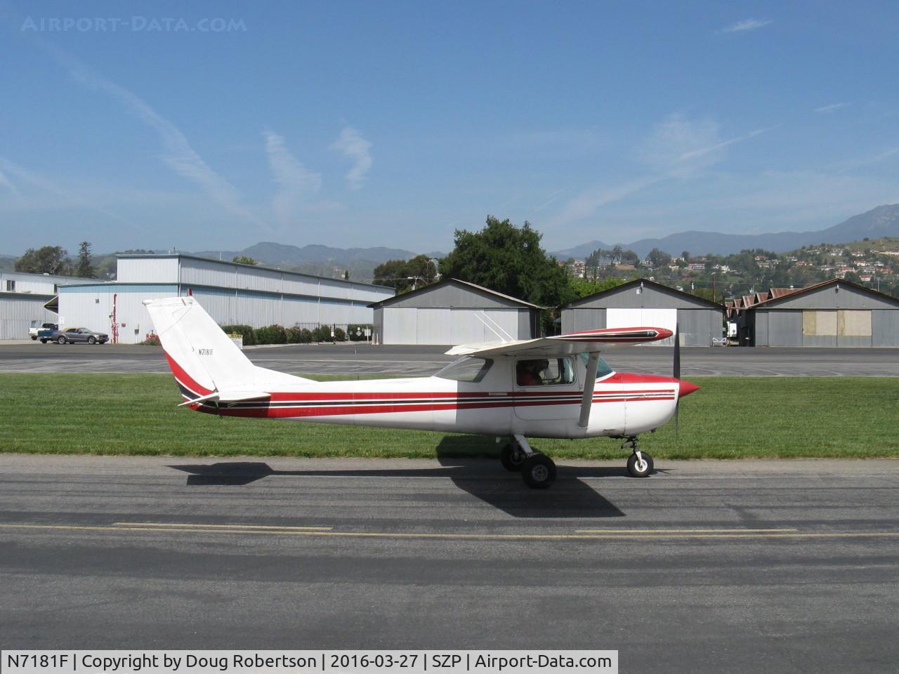 N7181F, 1966 Cessna 150F C/N 15063781, 1966 Cessna 150F, Continental O-200 100 Hp, two ladies taxiing to Rwy 22 for takeoff