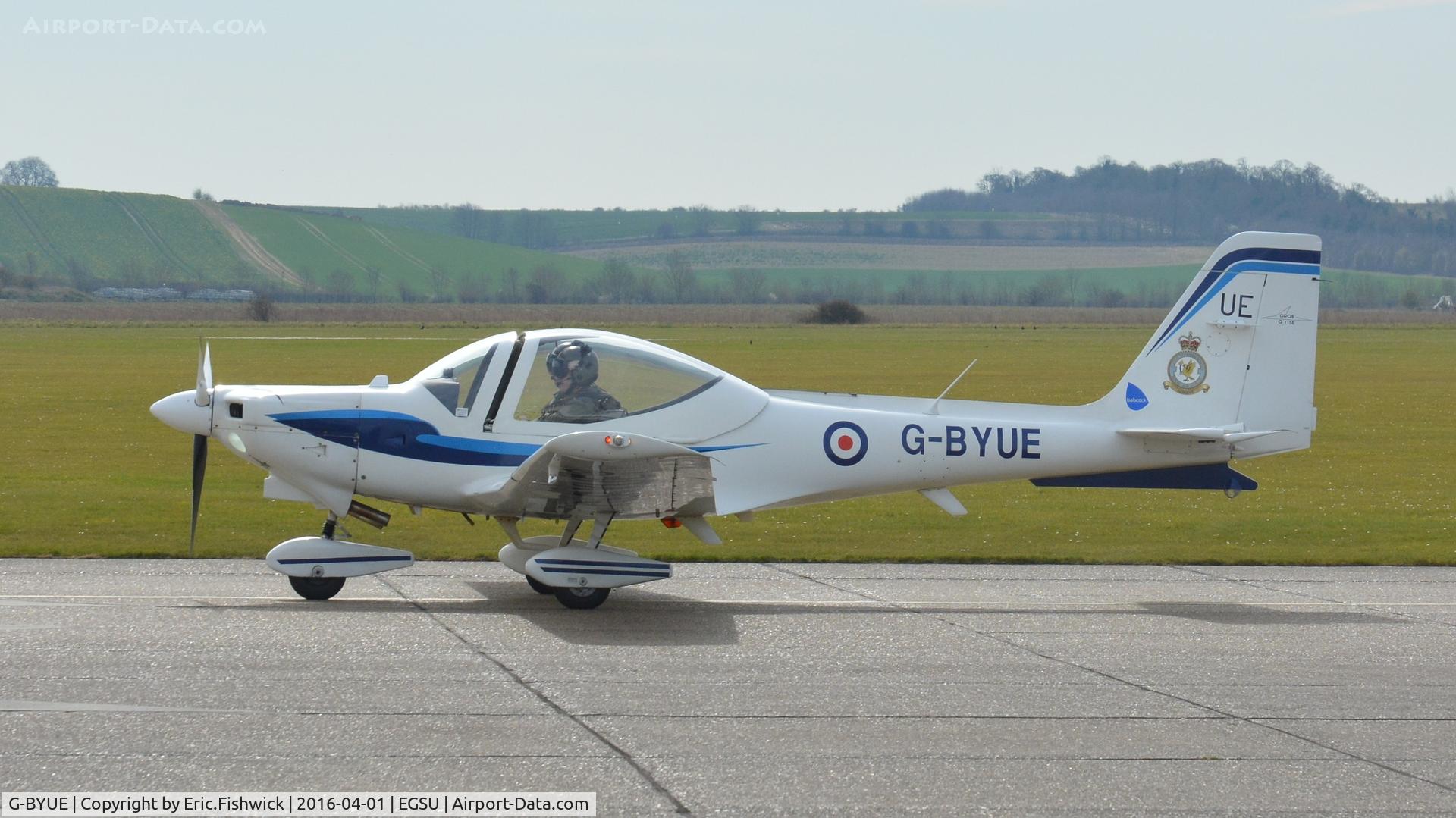 G-BYUE, 1999 Grob G-115E Tutor T1 C/N 82090/E, 1. G-BYUE arriving at The Imperial War Museum, Duxford, Cambridgshire.