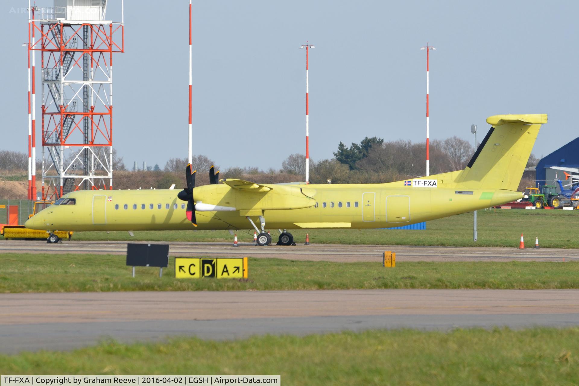 TF-FXA, 2001 Bombardier DHC-8-402 Q400 Dash 8 C/N 4022, Parked at Norwich.