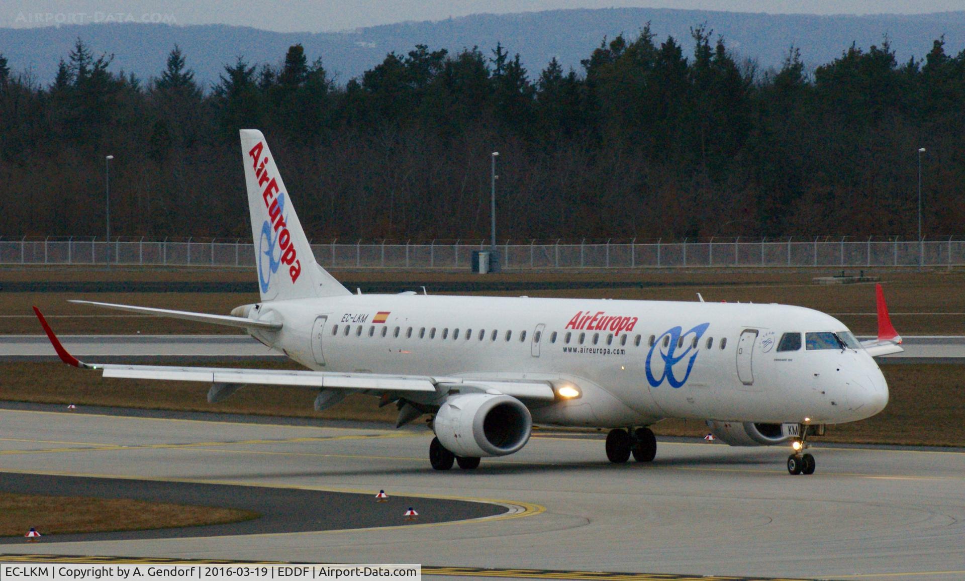EC-LKM, 2011 Embraer 195LR (ERJ-190-200LR) C/N 19000425, Air Europa, is here taxiing at Frankfurt Rhein/Main(EDDF)