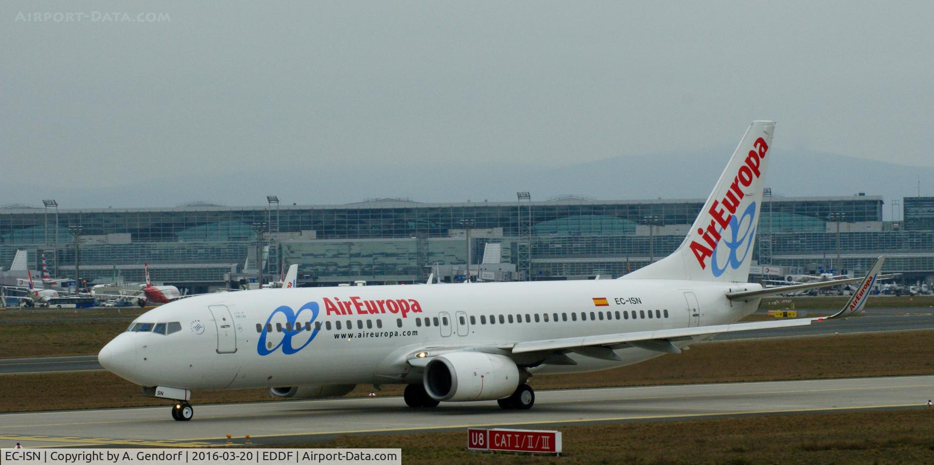 EC-ISN, 2002 Boeing 737-86Q C/N 30291, Air Europa, seen here taxiing in front of terminal 2 at Frankfurt Rhein/Main(EDDF)