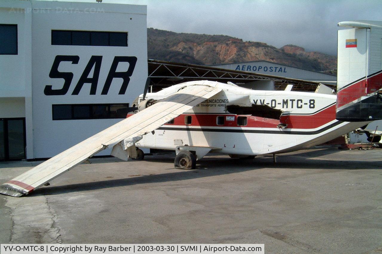 YV-O-MTC-8, 1976 Short SC7 Skyvan 3-100 C/N SH.1947, Short SC.7 3-100 Skyvan [SH1947] Caracas-Simon Bolivar International~YV 30/03/2003. Damaged beyond repair after
being struck by a Boeing 727 at Caracas Airport 1998-10-14.