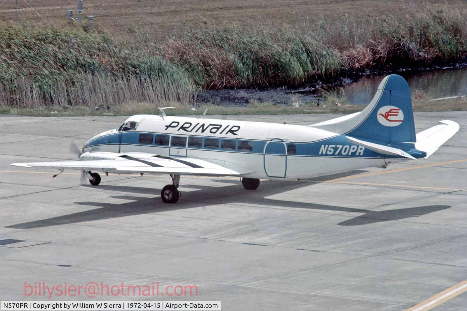 N570PR, De Havilland DH-114 Heron 2X C/N 14074, Aircraft experience propeller failure of number two engine during takeoff. Failure at about 50 knots and able to stop in the runway. Fortunately,  the propeller entered the cabin, no passenger seated in this area, severing control, hydraulic and fuel