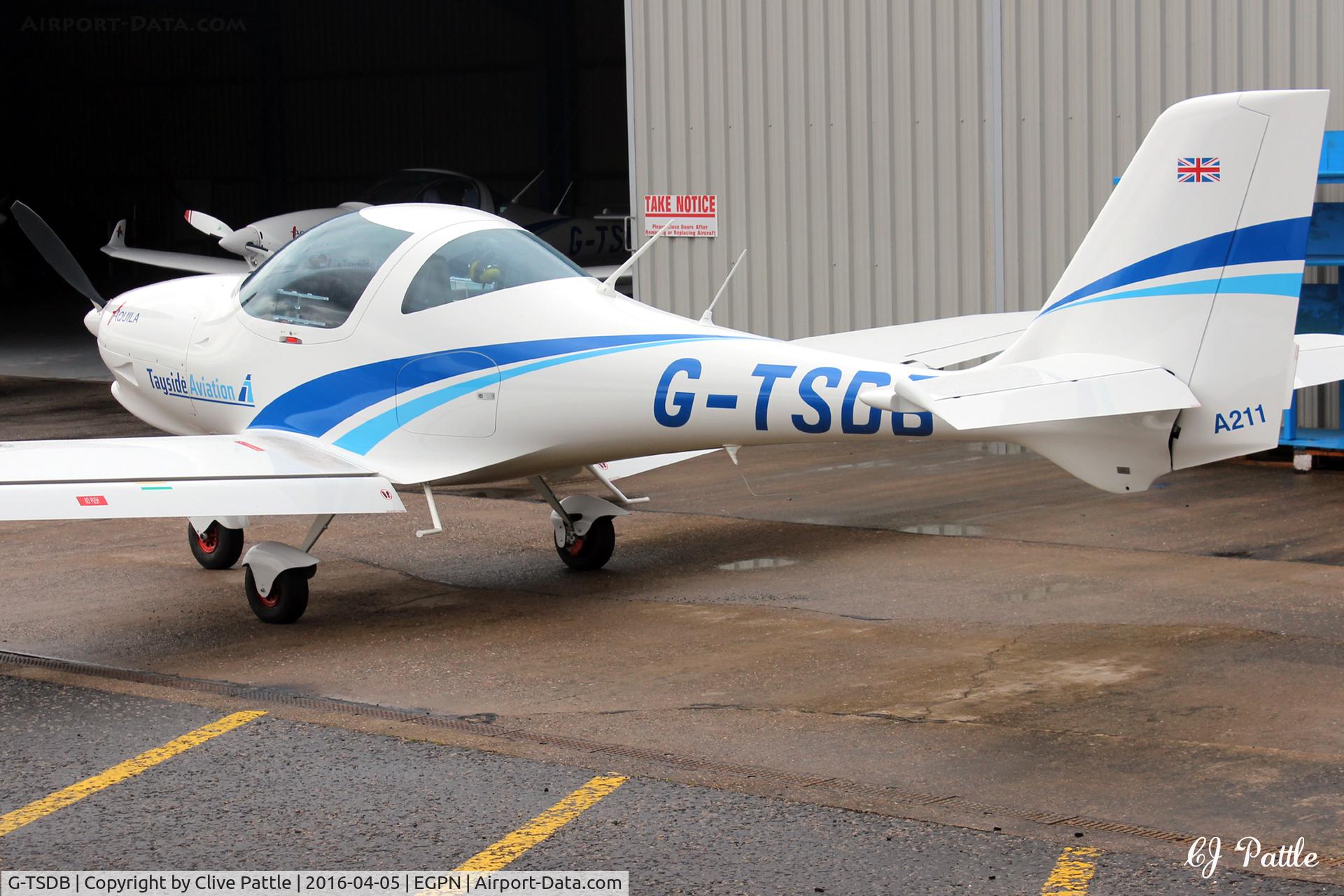 G-TSDB, 2015 Aquila AT01-100A C/N AT01-100A-330, Photographed in a confined space at its new home with Tayside Aviation at Dundee Riverside EGPN. A total of six of  these new aircraft have been acquired by the company to replace their existing Grob 115 fleet. All are expected on site by August 2016.