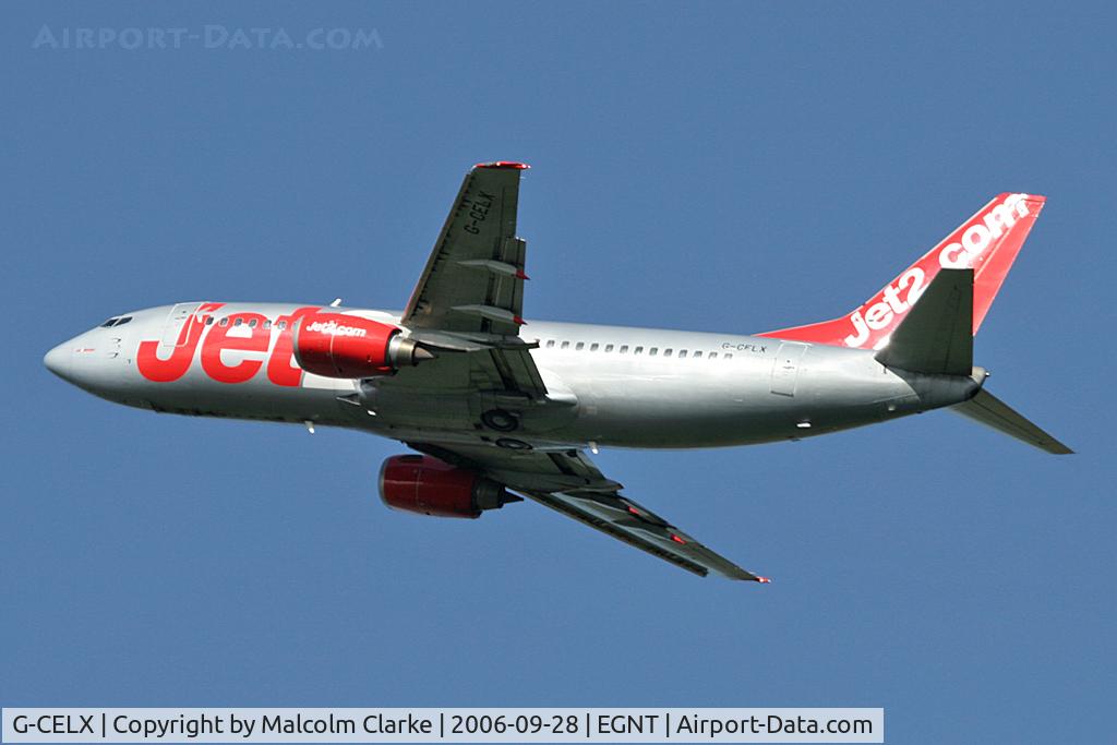 G-CELX, 1986 Boeing 737-377(QC) C/N 23654, 1986 Boeing 737-377(QC), shortly after take-off from Newcastle Airport, September 2006.