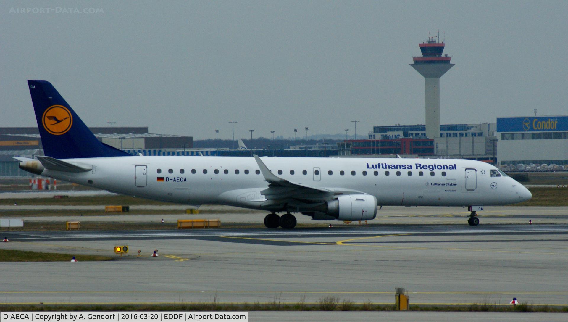 D-AECA, 2009 Embraer 190LR (ERJ-190-100LR) C/N 19000327, Lufthansa Cityline, is here on RWY 18 at Frankfurt Rhein/Main(EDDF)