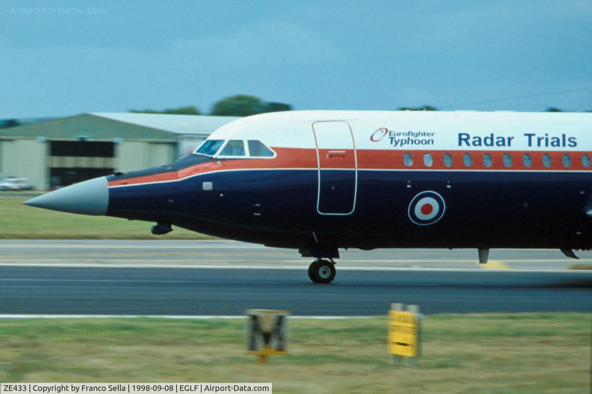 ZE433, 1972 BAC 111-479FE One-Eleven C/N BAC.245, BAC 1-11 One Eleven ZE433 at the 1998 Farnborough Air Show. Used by DRA (now QinetiQ) for in flight testing of the Eurofighter Typhoon's Captor radar