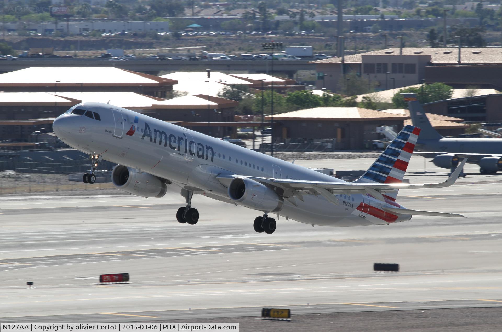 N127AA, 2014 Airbus A321-231 C/N 6334, taking off from Phoenix