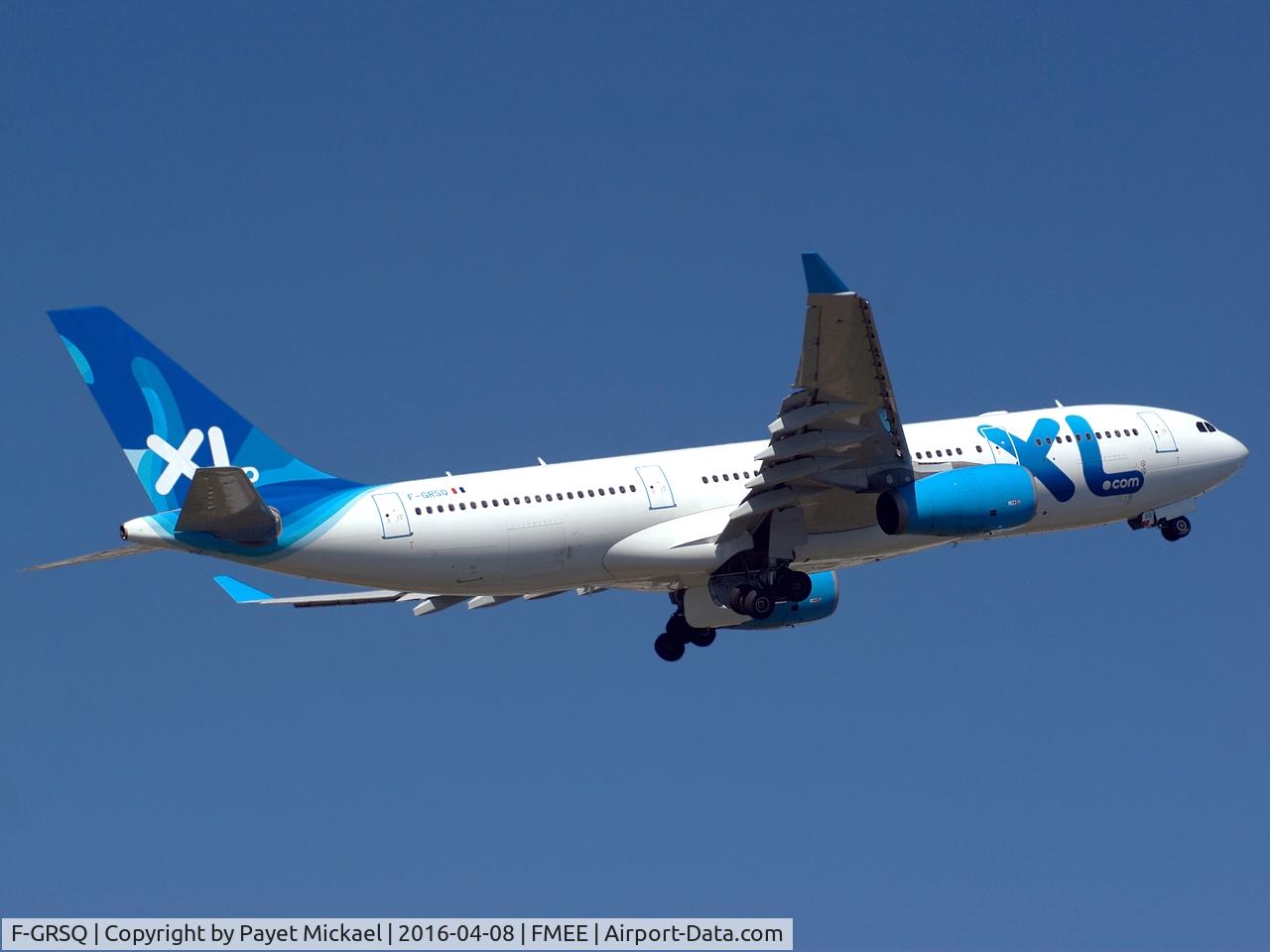 F-GRSQ, 2002 Airbus A330-243 C/N 501, Climbing after a rwy 30 takeoff.