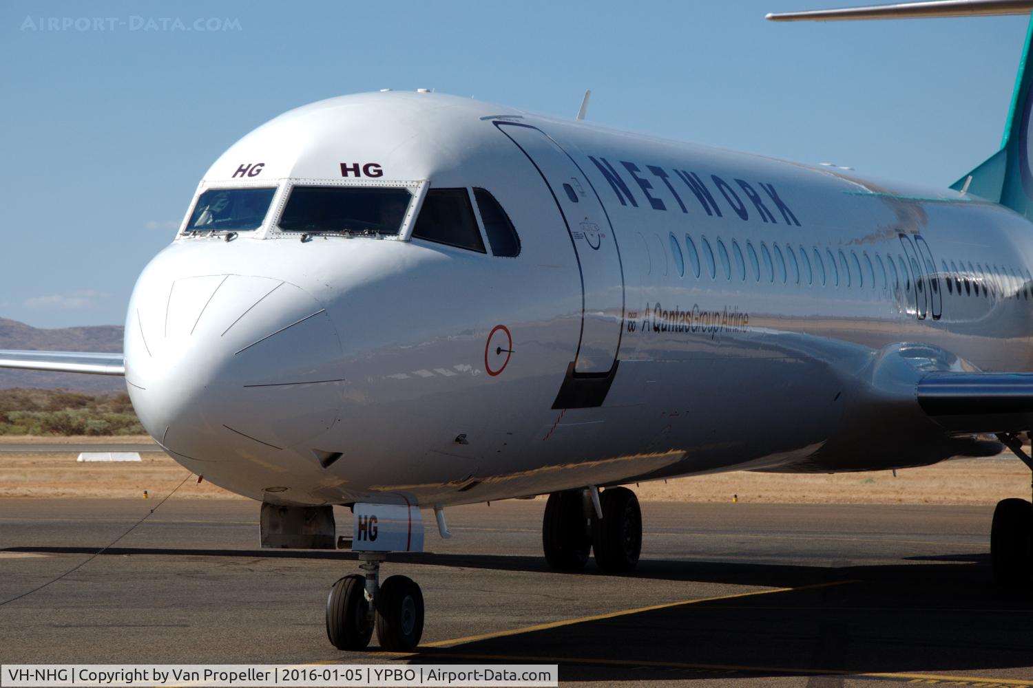 VH-NHG, 1994 Fokker 100 (F-28-0100) C/N 11514, Fokker 100 of Network Aviation on the platform of Paraburdoo airport, Western Australia, ready to taxi to the runway.