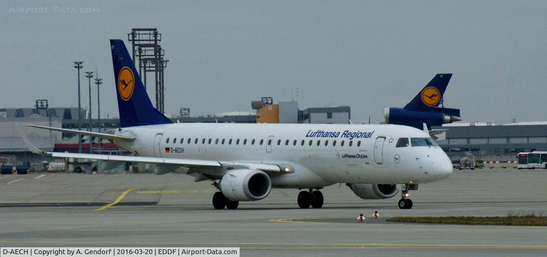 D-AECH, 2010 Embraer 190LR (ERJ-190-100LR) C/N 19000376, Lufthansa Cityline, is here taxiing to RWY 18 at Frankfurt Rhein/Main(EDDF)