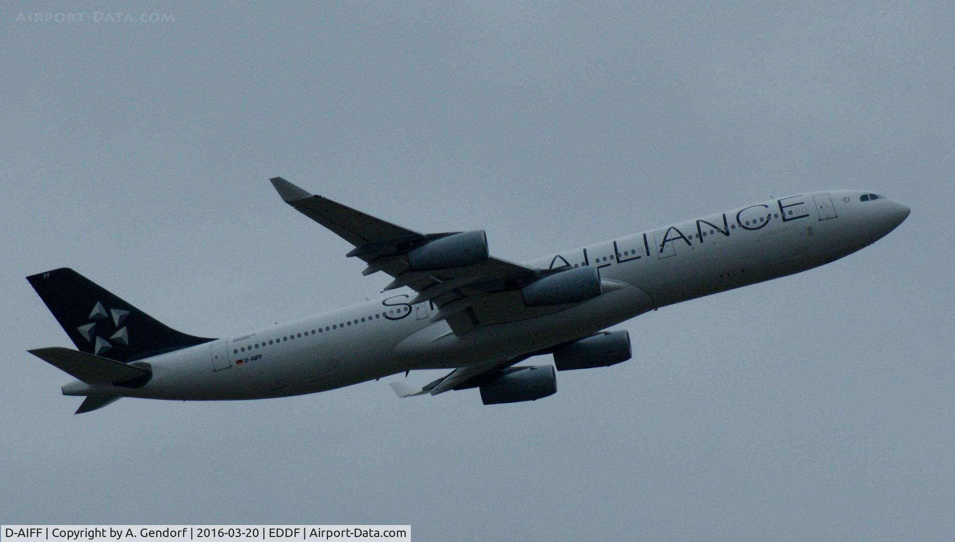 D-AIFF, 2001 Airbus A340-313X C/N 447, Lufthansa (Star Alliance), is here departing at Frankfurt Rhein/Main(EDDF)