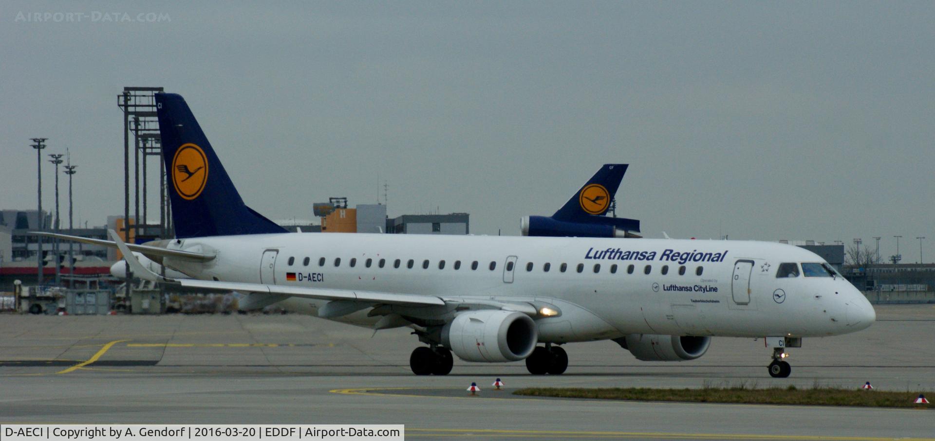 D-AECI, 2010 Embraer 190LR (ERJ-190-100LR) C/N 19000381, Lufthansa Cityline, seen here taxiing for departure at Frankfurt Rhein/Main(EDDF)