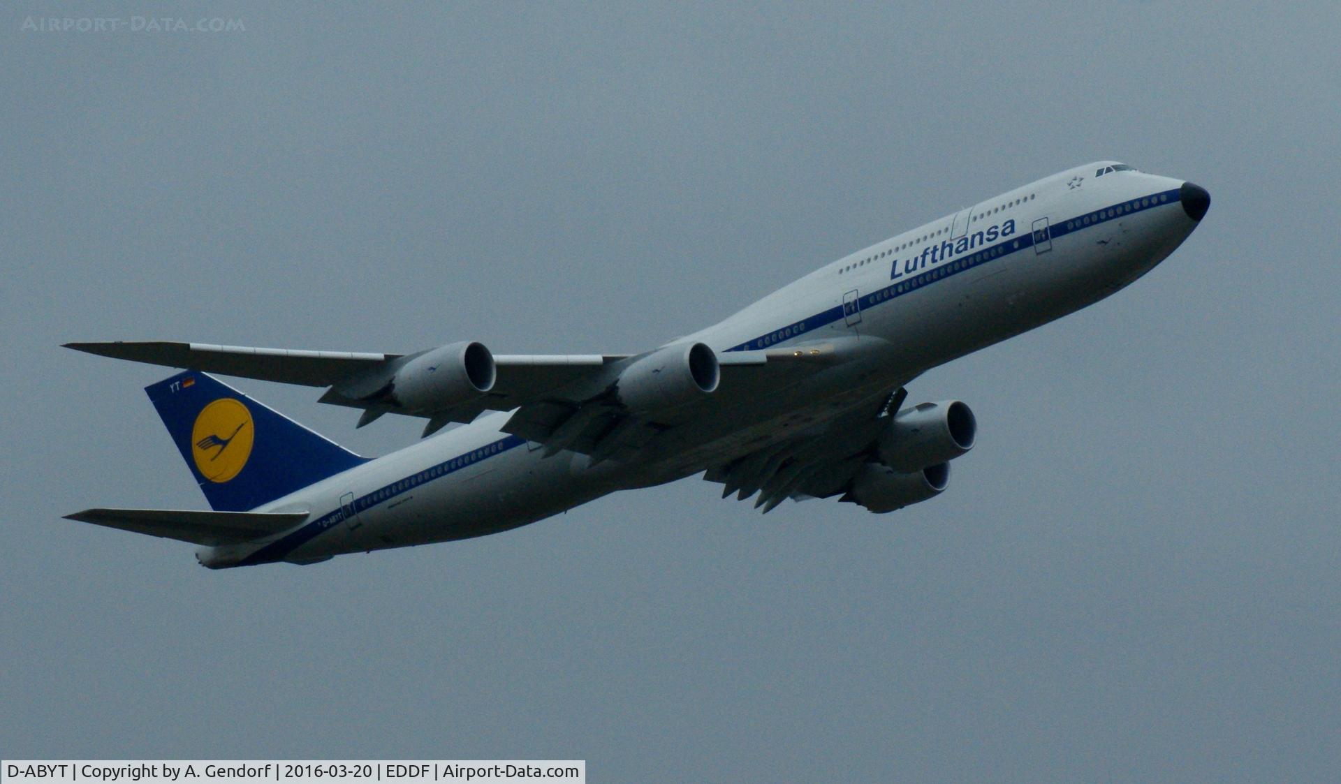 D-ABYT, 2015 Boeing 747-830 C/N 37844, Lufthansa (Retro cs.), is here climbing out at Frankfurt Rhein/Main(EDDF)