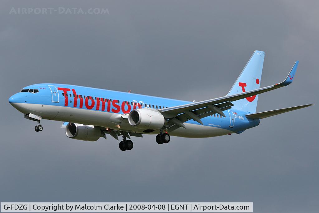 G-FDZG, 2008 Boeing 737-8K5 C/N 35139, Boeing 737-8K5 on approach to Newcastle Airport, April 2008.