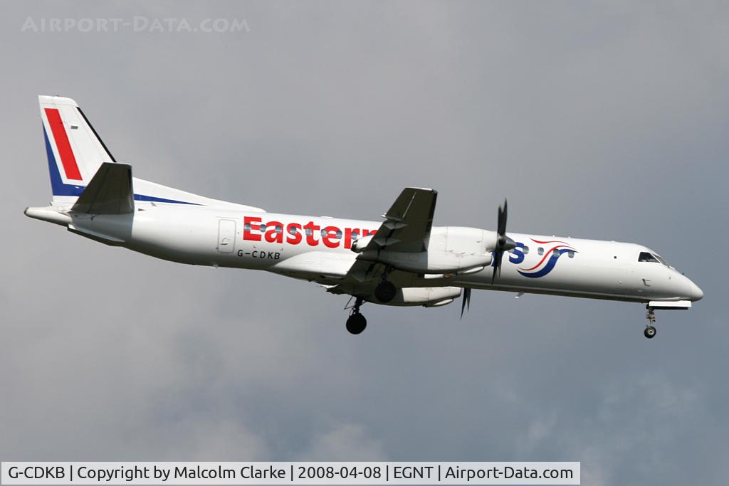 G-CDKB, 1996 Saab 2000 C/N 2000-032, Saab 2000 on approach to Newcastle Airport, April 2008.