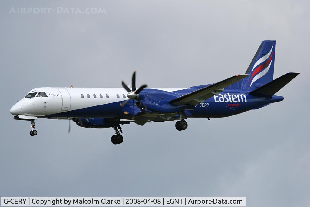 G-CERY, 1994 Saab 2000 C/N 2000-008, Saab 2000 on approach to Newcastle Airport, April 2008.