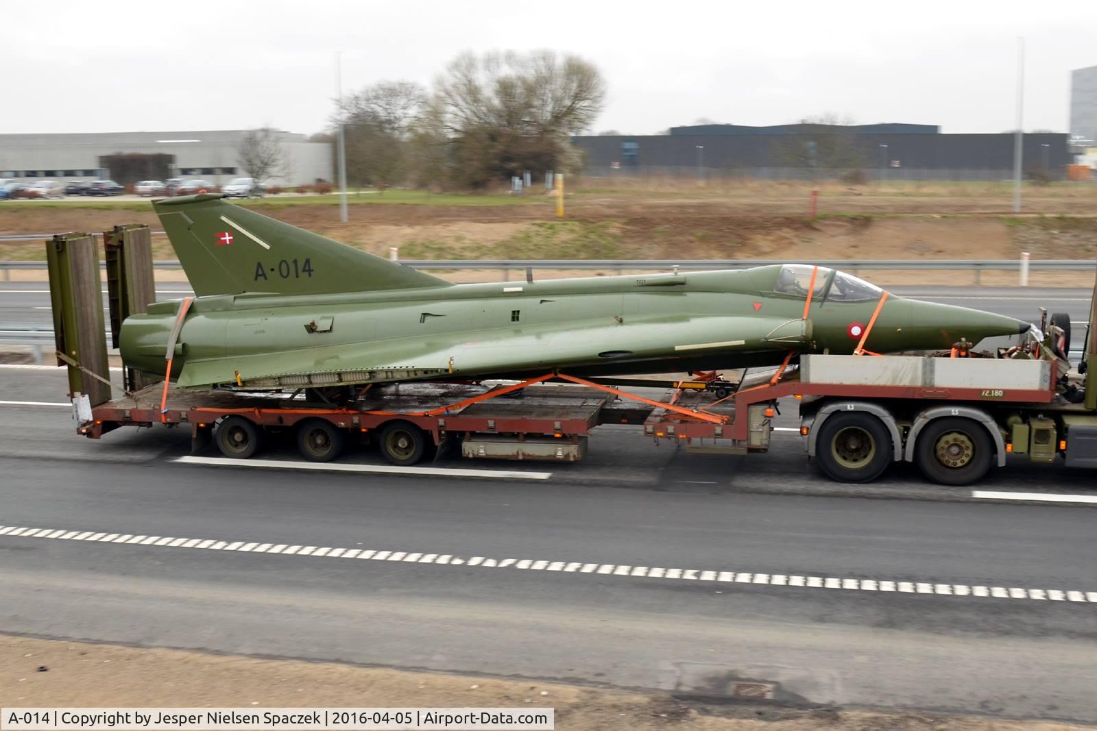 A-014, 1971 Saab F-35 Draken C/N 35-1014, On the road. A-014 spottet driving by Danish city Odense. Remark the 