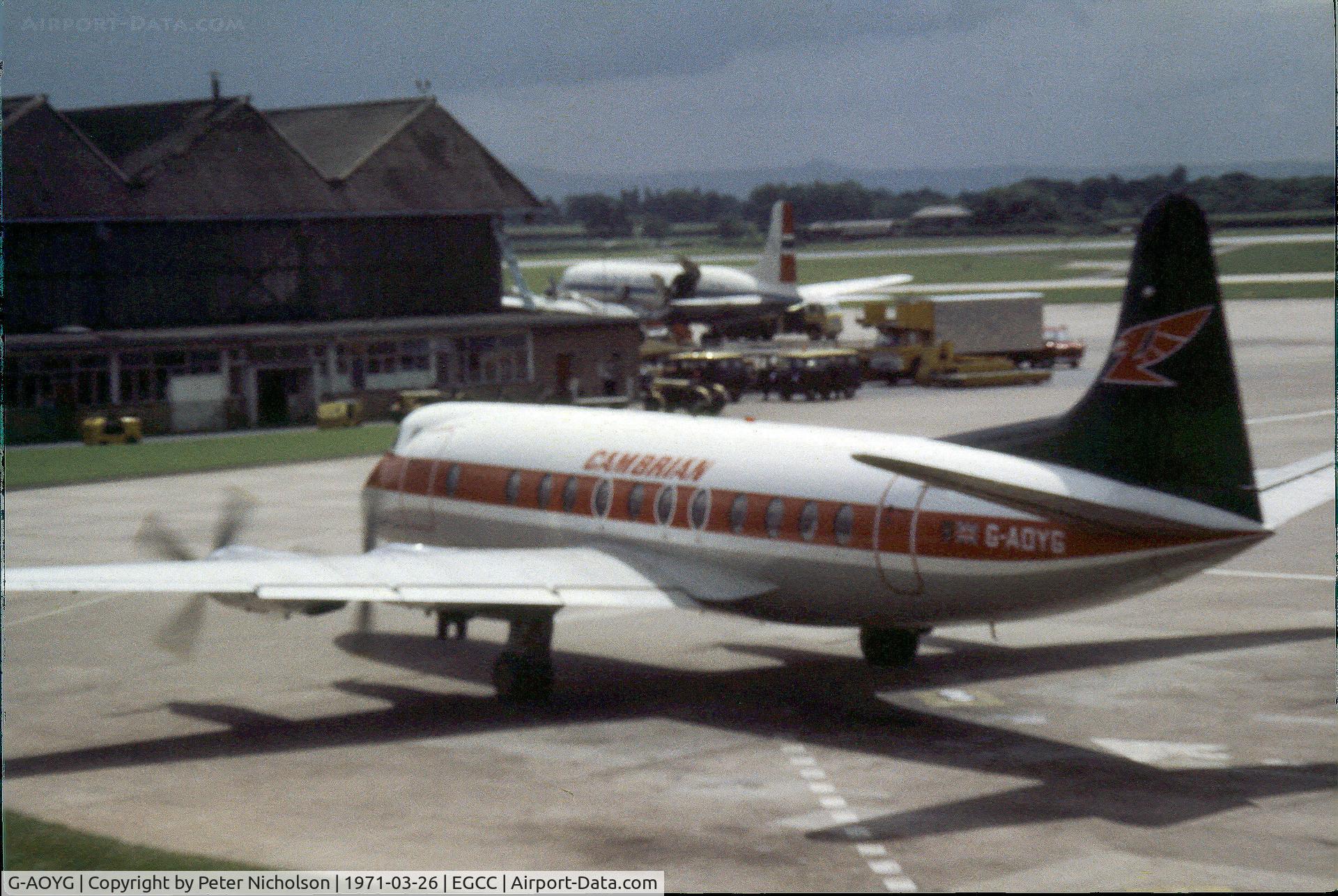 G-AOYG, 1957 Vickers Viscount 806 C/N 256, Viscount 806 of Cambrian Airways as seen at Manchester in March 1971.