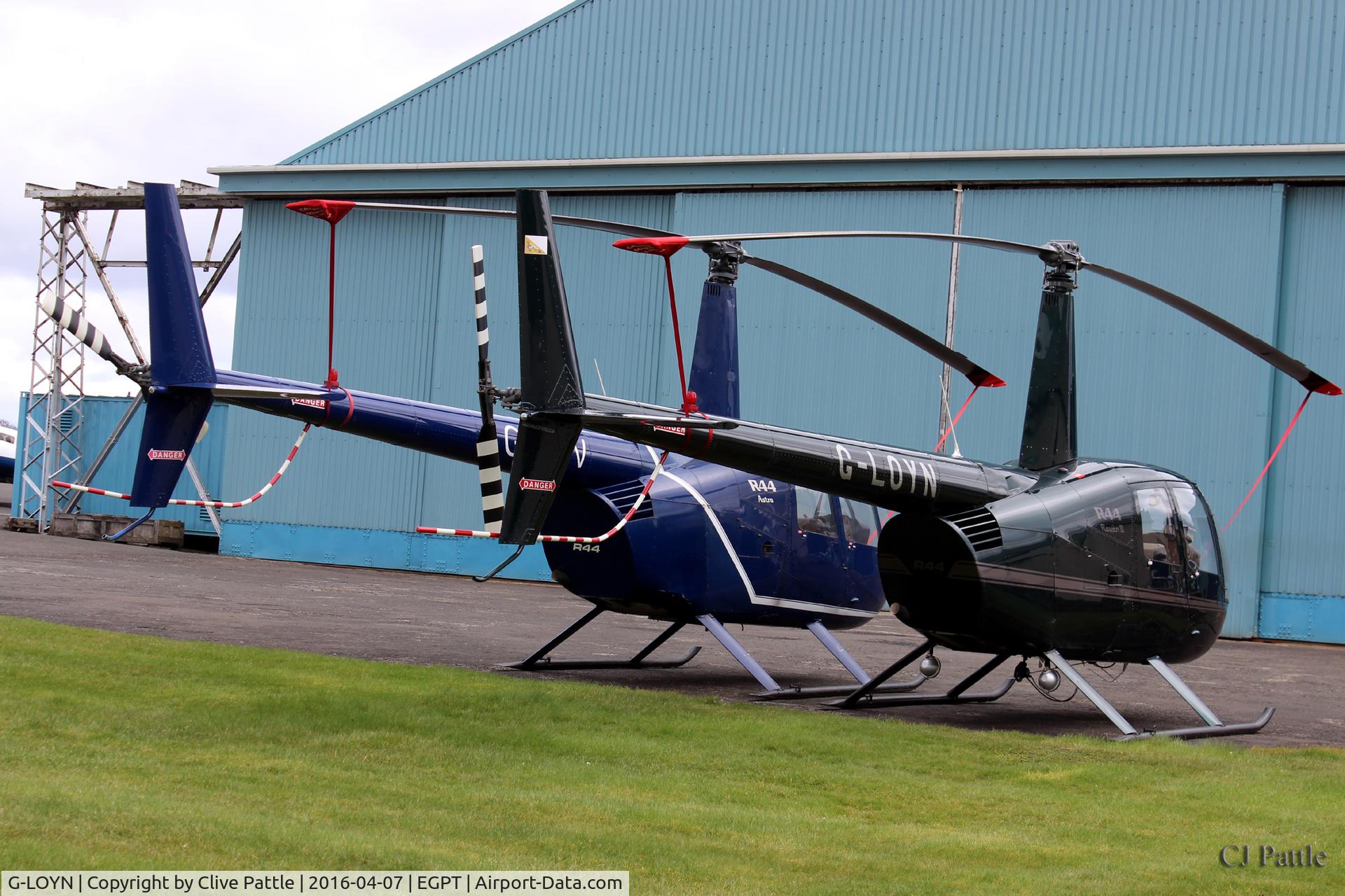 G-LOYN, 2007 Robinson R44 Raven II C/N 11599, Parked up at Perth with stablemate G-IVIV