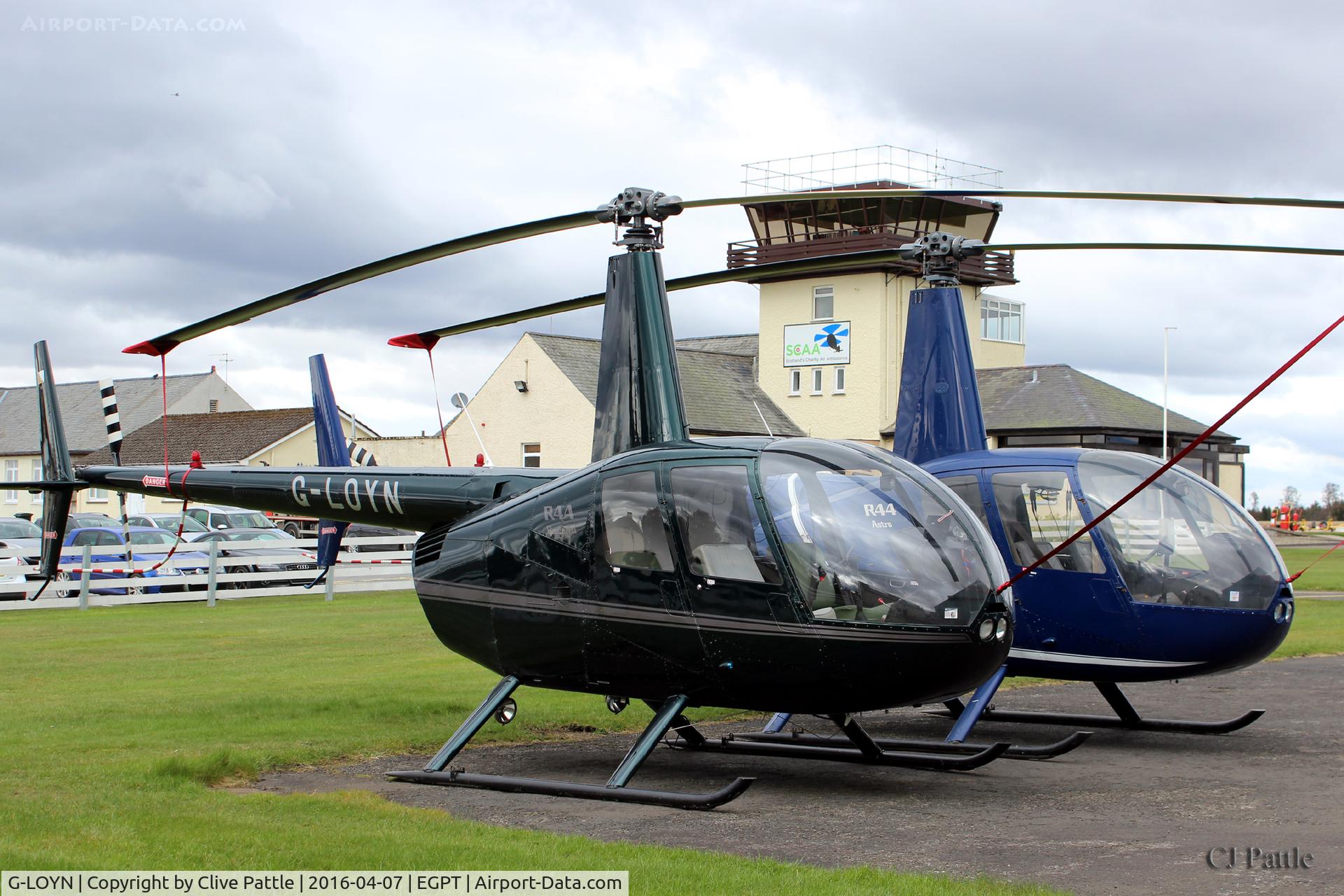 G-LOYN, 2007 Robinson R44 Raven II C/N 11599, Parked up at Perth with stablemate G-IVIV