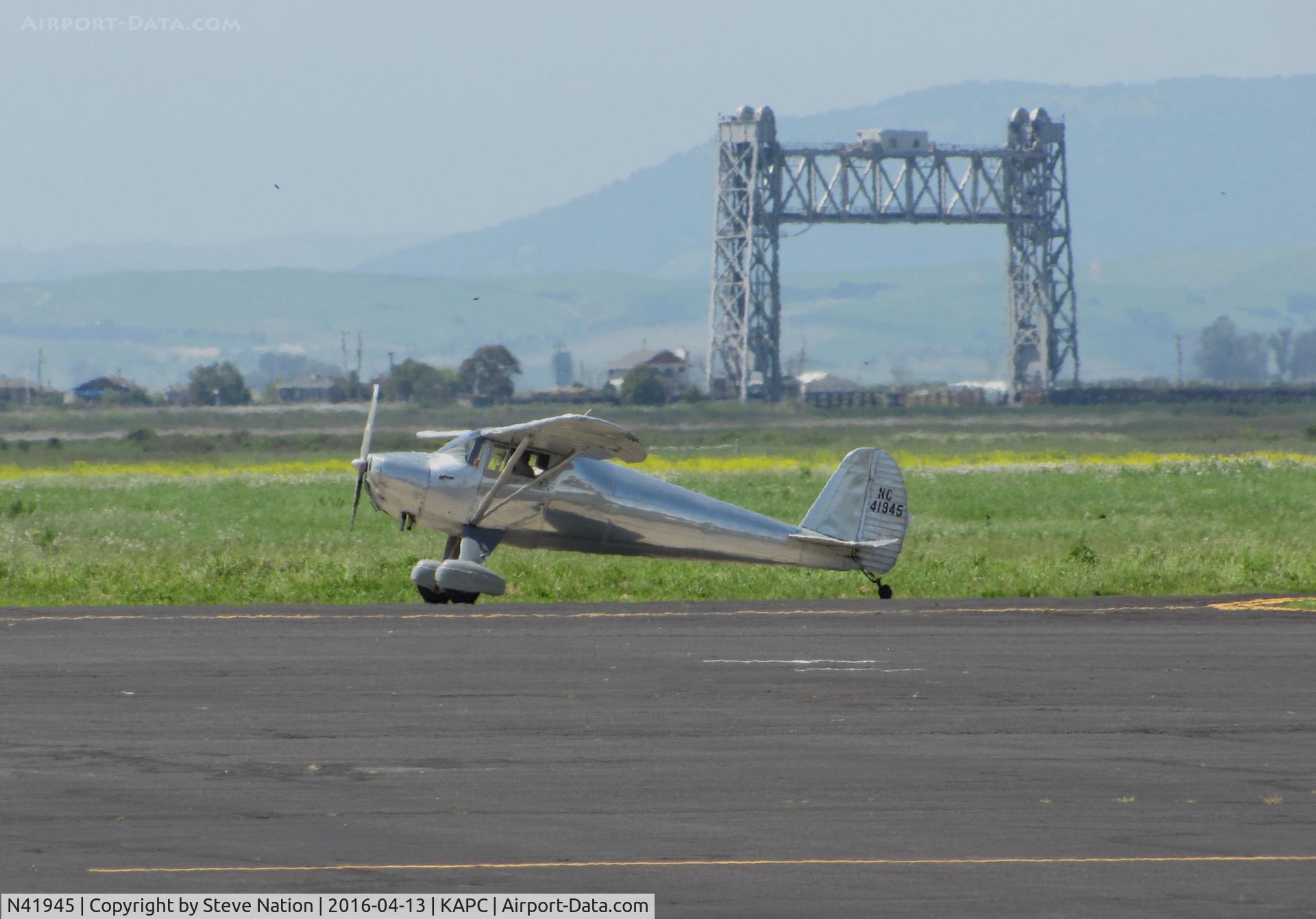 N41945, 1942 Luscombe 8D C/N 1906, Montana-based 1942 Luscombe 8D as NC41945 with Napa River RR Bridge in background @ Napa County Airport, CA