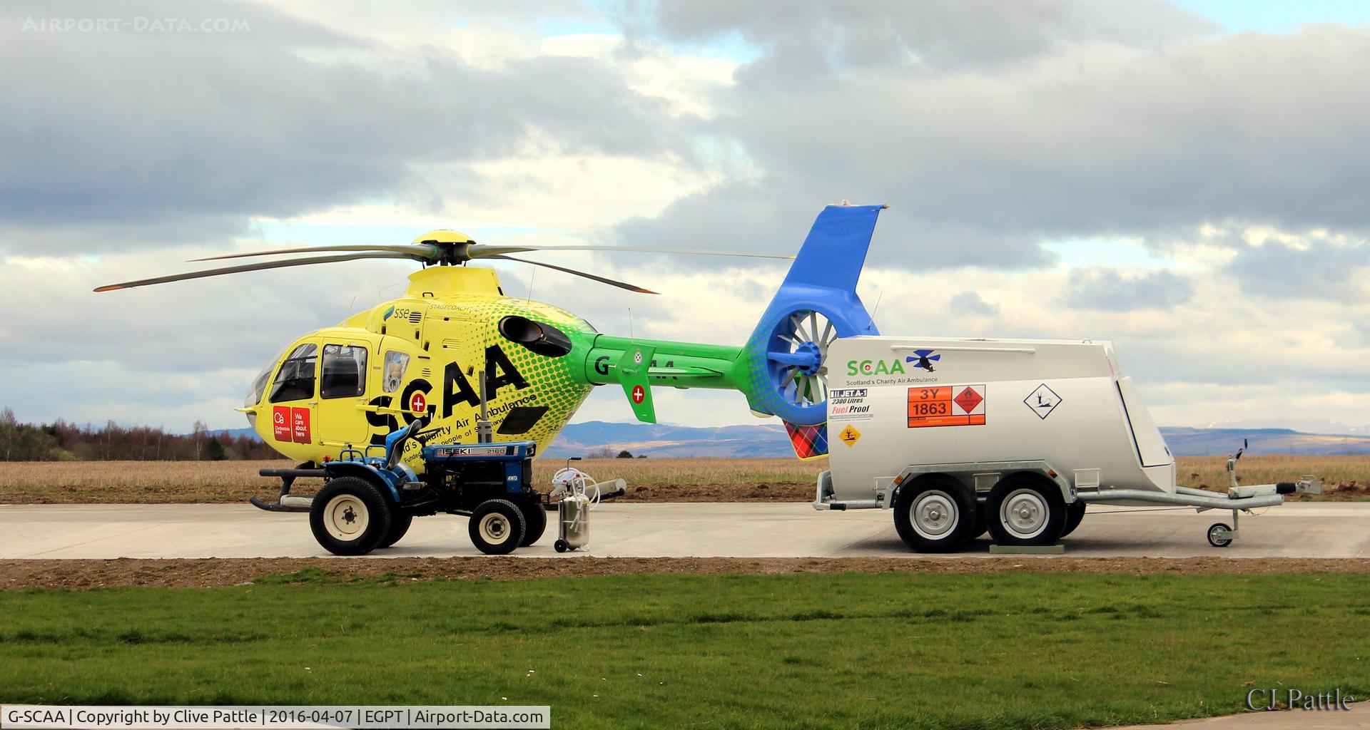 G-SCAA, 2000 Eurocopter EC-135T-2+ C/N 0151, Parked up on the Scottish Air Ambulance dispersal at Perth (Scone) airfield EGPT providing Helimed cover for the Central Scotland area