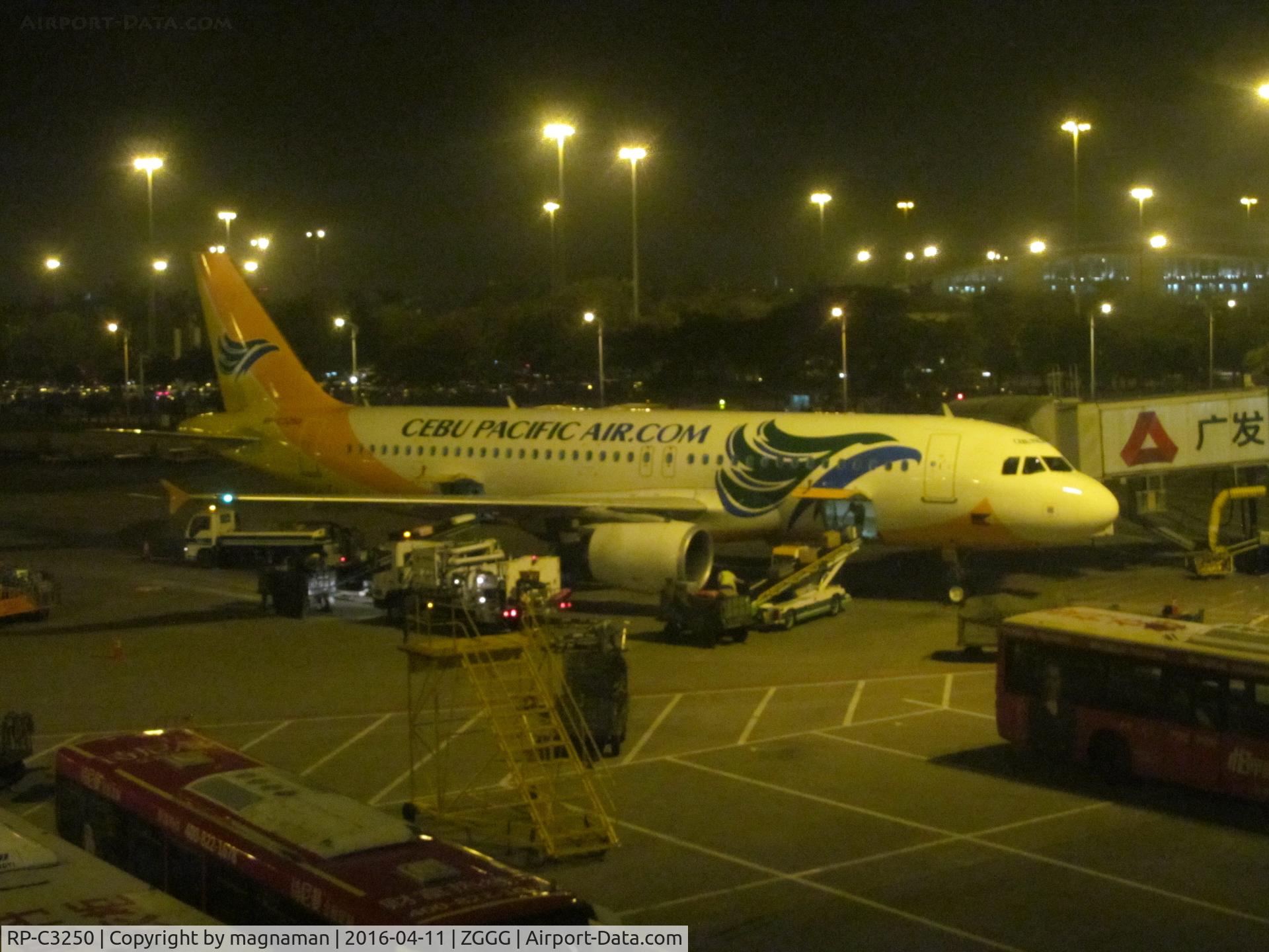 RP-C3250, 2009 Airbus A320-214 C/N 3767, night visitor to CAN - view from terminal