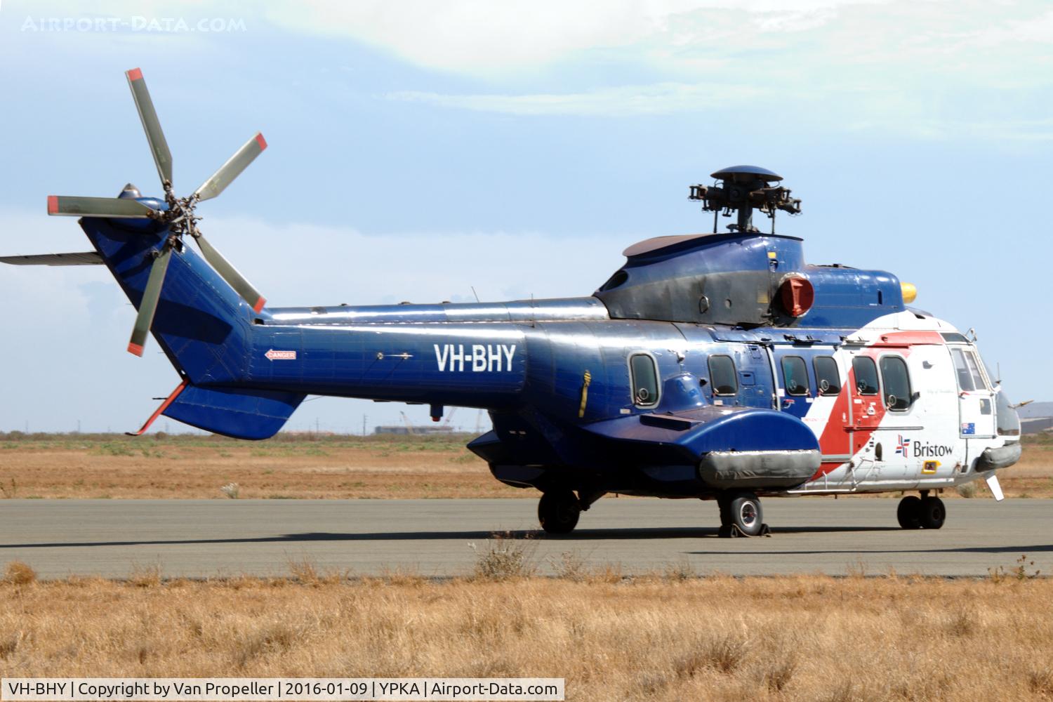 VH-BHY, 1984 Aerospatiale AS-332L Super Puma C/N 2129, Aerospatial AS332L Super Puma helicopter at Karratha airport, western Australia. Note the missing main rotor.